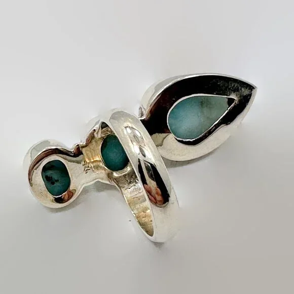 Handcrafted Larimar Sterling Silver Ring: Triple Stone Size 5.5 - Picture 5 of 5